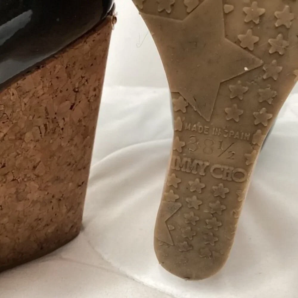 Jimmy Choo Black Patent Cork Wedge Peep Toe Heels Shoes 38.5 EU / US 8.5 - Picture 5 of 8